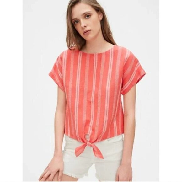 GAP Linen Blend Short Sleeve Tie Front Stripe Top - Picture 1 of 8